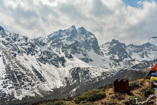 Snow-covered Himalayan peaks with rugged ridges under cloudy sky, overlooking high altitude terrain in North Sikkim landscape.