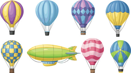 Hot Air Balloon and Zeppelin Collection Featuring Various Colorful Balloons for Travel and Adventure Illustrations © Sanjida Creative