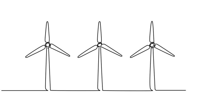 wind turbines against continuous one line drawing animation, wind farm generating renewable energy continuous one line drawing animation, Video. Windmill, wind energy, the only one in one continuous