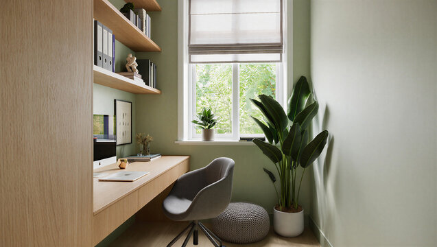 Modern small home office nook with green walls and built in wooden desk