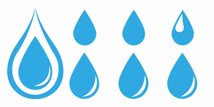 Various blue water droplets in differing shapes and sizes are displayed