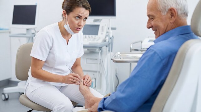 Female practitioner with a focused mood inspecting an older gentleman's lower limb against a bright medical office background