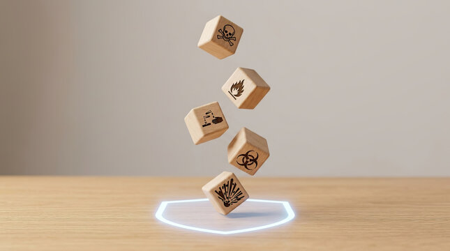 Wooden cube falling with hazard symbol towards glowing digital protection shield on wood table creating cautious feeling about security and danger