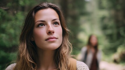 Naklejka premium Young woman gazes upwards in a serene forest with a blurred figure in the distance