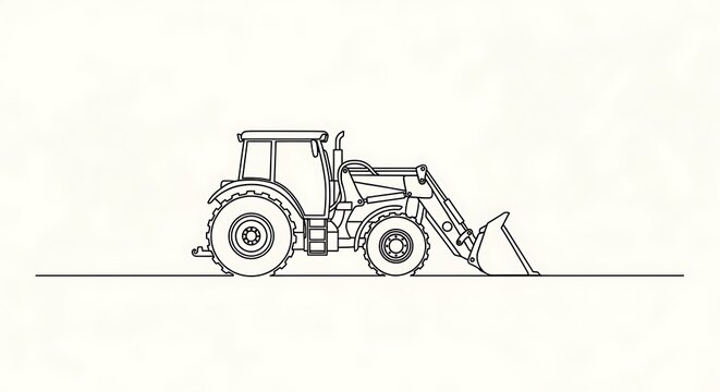 Continuous line drawing of a tractor with a front loader