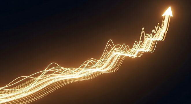 Golden abstract wave chart rising to arrow on dark background
