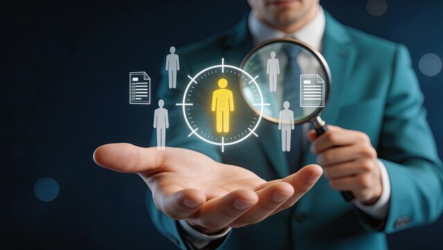 Businessman using magnifying glass to analyze digital people icons recruitment concept talent acquisition HR strategy employee selection corporate hiring workforce management