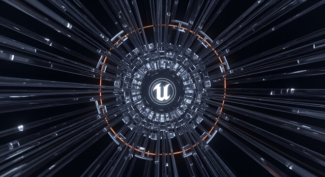 abstract technological tunnel with glowing elements and circular frame, digital futuristic cyberspace, network connection concept