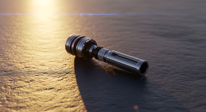Futuristic metallic hilt of a deactivated lightsaber resting on a textured surface, warm sun glare, science fiction weapon