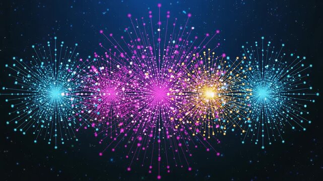 Colorful Light Fireworks Bursting in Row, Seamless Loop Animation Background　夜空に並んで咲く色鮮やかな光の花火、シームレスなループ背景アニメーション