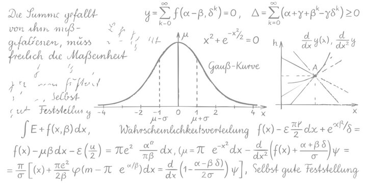 Mathematical Gaussian bell curve distribution graph with complex handwritten calculus formulas and statistical analysis vector illustration