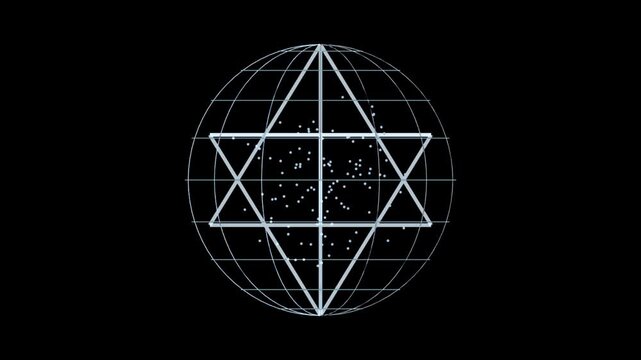 Blue Sacred Geometry Merkaba with Data Particles in Wireframe Sphere, Seamless Loop (Alpha)