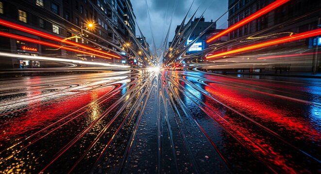 City street at night with light trails.