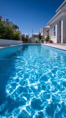 Fototapeta premium Crystal-clear blue water in a modern swimming pool, surrounded by contemporary architecture and bright, sunny skies.