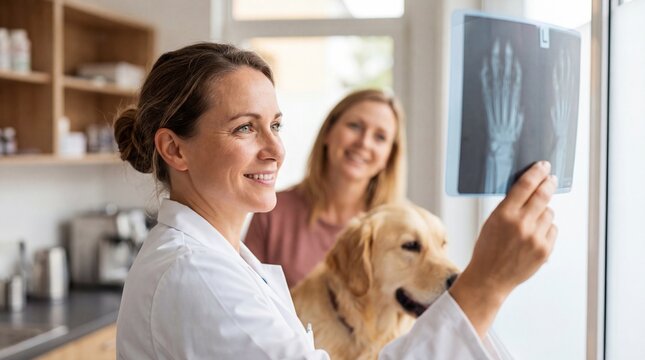 Friendly female veterinarian with positive mood examining pet x-ray film against modern animal clinic background