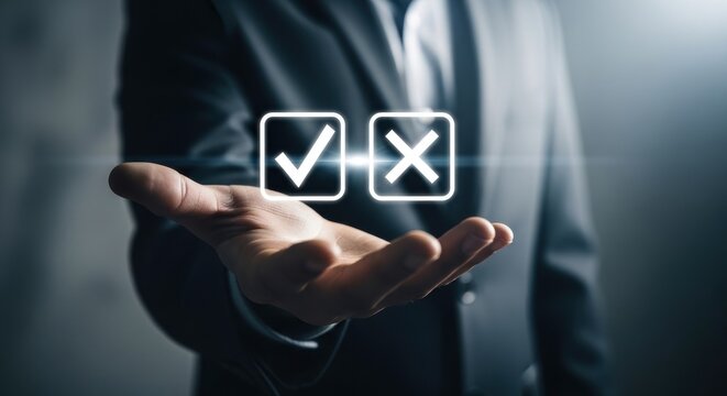 Businessman presenting a choice between right and wrong