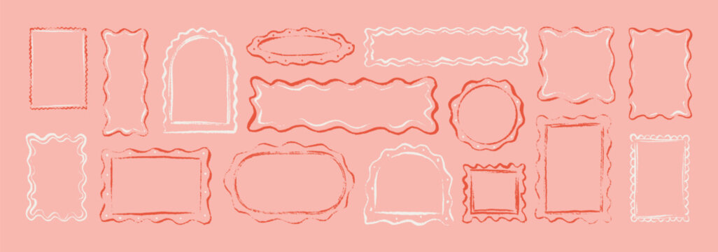 Set of coquette pink hand drawn doodle crayon, pencil, chalk scallop wavy frames. Girly oval, rectangle, square, circle shape borders for wedding, bachelorette party, birthday card, restaurant menu