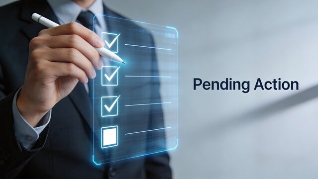 Businessman Using Futuristic Hologram Interface to Check Pending Action Items Digital Transformation Corporate Task Management Executive Reviewing Checklist on Virtual Screen