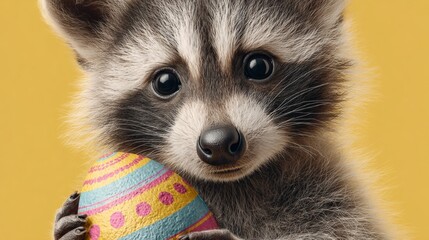 Obraz premium Whimsical spring time: raccoon with colorful egg. Empty space. Raccoon cub cradles bright egg in pastel easter setting. High resolution. Clear focus.