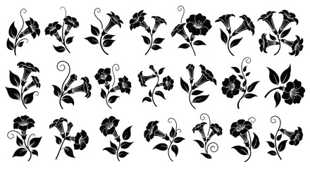 Fototapeta premium Collection of elegant black silhouette floral elements featuring blooming flowers and swirling vines on a white