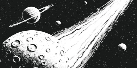 Black and white space illustration featuring a cratered planet with a cosmic beam and orbiting planets background © ZenVectors