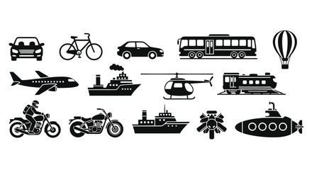 Obraz premium Various transportation modes depicted in a flat black silhouette high quality