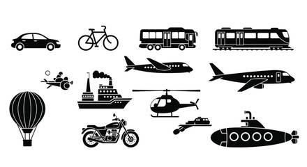 Various transportation modes displayed in a simple black style silhouette © Digonto
