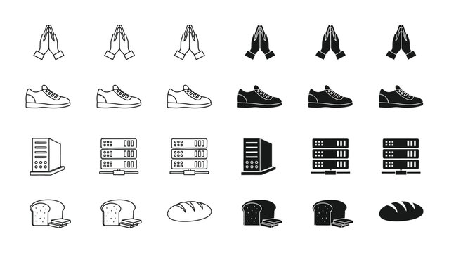 Diverse icons depicting hands, footwear, servers, and bread in varied styles