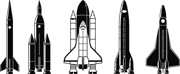 Rocket and space shuttle icon collection with spacecraft launch vehicle aerospace exploration artwork, black vector template set © Md