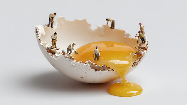 Miniature workers on a cracked eggshell with yolk pouring out on white surface
