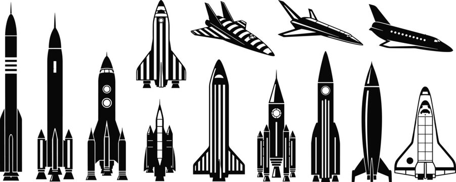 rocket collection vector, spacecraft set silhouette, space shuttle illustration, rocket launch vehicles, aerospace technology icons, space exploration vector set