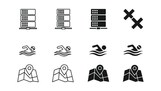 Icons representing server statuses, swimming, and location mapping on maps