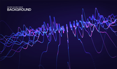 Obraz premium Abstract music digital design background with wave sound for audio concept. Neon light equalizer technology for beat flow radio. Voice blue color spiral pattern effect.
