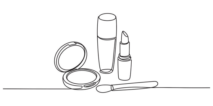 A single continuous line drawing of various makeup items including a powder compact and lipstick Vector, illustration