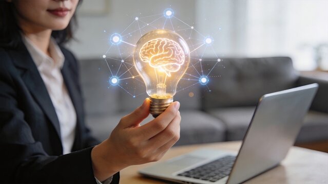 Businesswoman holding lightbulb with glowing brain and network nodes symbolizing artificial intelligence innovation and smart technology concepts in modern office workspace