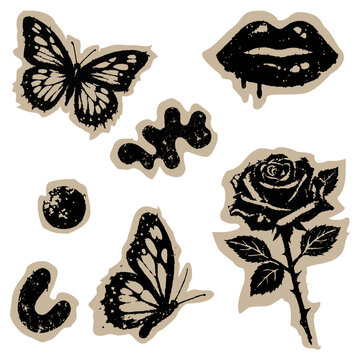 Grunge tattoo style elements set with butterfly rose lips and abstract shapes