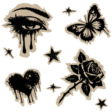 Grunge tattoo sticker set with crying eye heart rose butterfly and stars