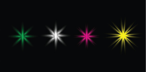 Fototapeta premium Four vibrant starbursts on black background a colorful and dynamic visual display