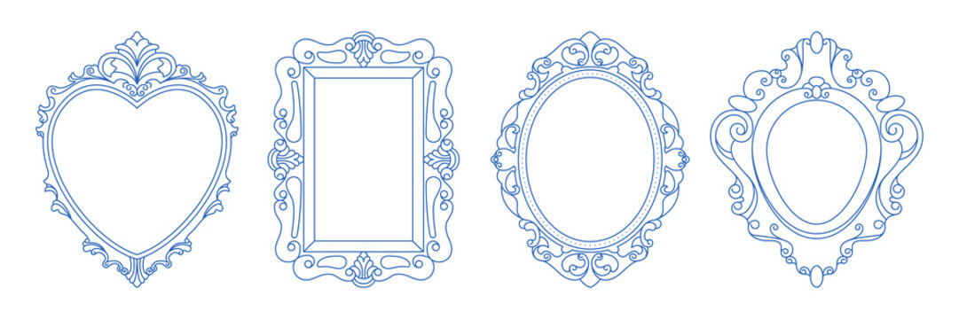 Vintage ornate picture frames. Antique decorative mirror borders, artistic rococo baroque filigree photo frame elements, classic fancy luxury design. Vector linear set