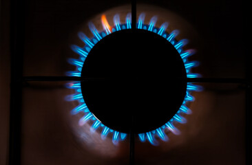 Top view of blue gas flames burning on a kitchen stove burner ring. Symmetrical macro shot of natural gas ignition for energy efficiency, culinary arts, and domestic utility concepts © Ptitsyna