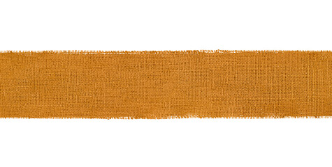 Isolated golden burlap ribbon with frayed edges on transparent background. Horizontal textured jute...