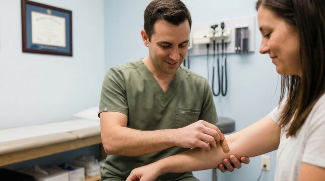 Doctor placing adhesive bandage on arm, s1 s1