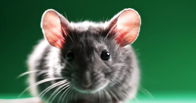 Close-up of a curious gray chinchilla on a vibrant green background, showcasing its features