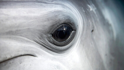 Fototapeta premium A captivating extreme close-up of a cetacean's eye, showcasing the intricate details of its skin and the profound depth of its dark pupil.