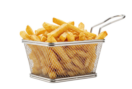 Deep fried french fries in wire frying basket