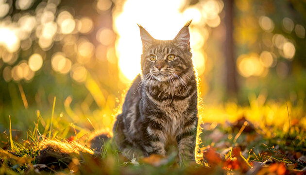 Maine coon cat enjoying the golden hour in an autumn garden.