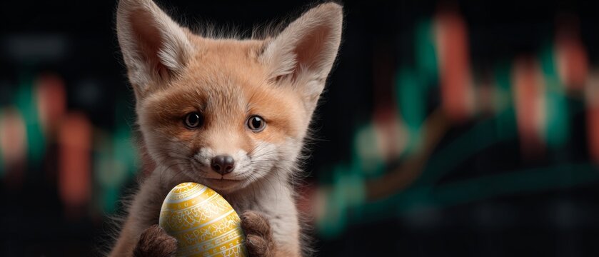 Fox cub's delightful easter egg surprise encounter. Market forecast. Cute fox cub with easter egg on a solid background for holiday greeting. Investment risk. Bullish trend.