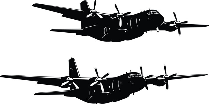 Printaircraft, airplane, plane, military, transport, cargo, aviation, propeller, engine, wing, silhouette, black, white, icon, vector, illustration, drawing, art, design, concept, modern, template, co