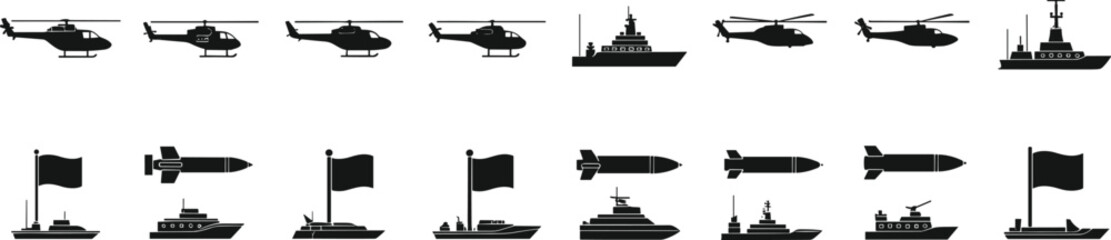 Military vehicle icon collection with helicopter warship submarine missile naval aircraft artwork, black vector template set © MDMORSALIN
