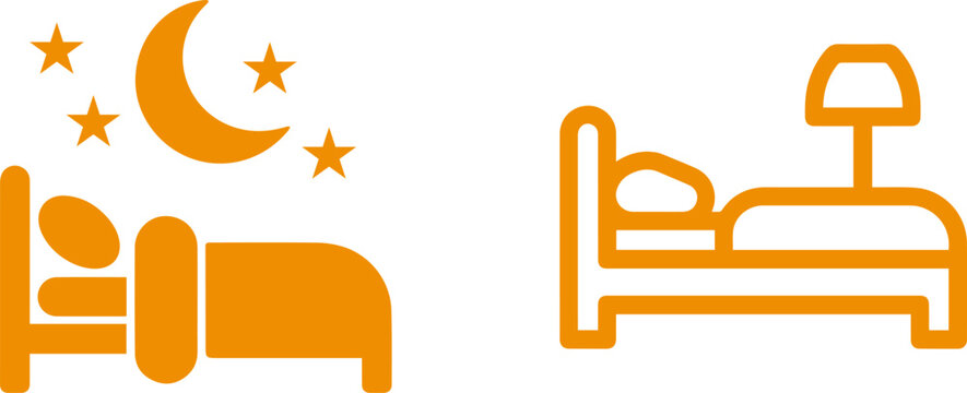 Orange icons depicting a person sleeping under a starry night sky and a bed with a bedside lamp, symbolizing rest, sleep, and hotel accommodations